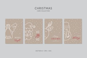 简笔画艺术风格圣诞节贺卡矢量设计模板集v5 Christmas Greeting Card Vector Set