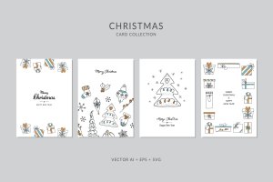 圣诞树&礼物手绘图案圣诞节贺卡矢量设计模板集 Christmas Greeting Card Vector Set