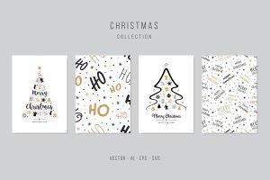 创意圣诞树手绘图案圣诞节贺卡矢量设计模板集 Christmas Greeting Vector Card Set