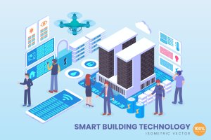 智能建筑技术2.5D矢量等距概念插画 Isometric Smart Building Technology Vector Concept