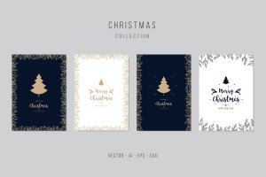 圣诞树手绘图案背景圣诞节贺卡矢量设计模板集 Christmas Greeting Vector Card Set