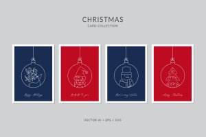 简笔画艺术风格圣诞节贺卡矢量设计模板集v9 Christmas Greeting Card Vector Set