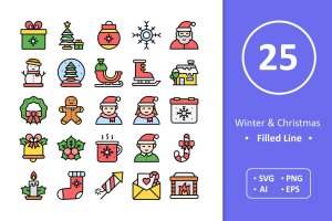 冬季&圣诞节主题填充图标 Winter & Christmas Icons – Filled Line