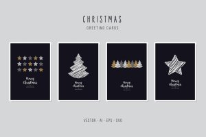 星星&圣诞树手绘圣诞节矢量贺卡模板集v2 Christmas Greeting Vector Card Set