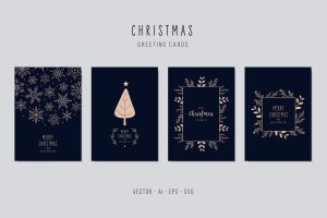 雪花&植物手绘图案圣诞节贺卡矢量设计模板集v1 Christmas Greeting Vector Card Set