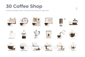30枚咖啡/咖啡店扁平设计风格矢量图标素材 30 Coffee Shop Icons – Flat