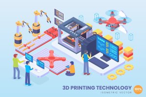 3D打印技术等距矢量科技概念插画v2 Isometric 3D Printing Technology Vector Concept