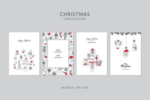 圣诞礼物手绘图案圣诞节贺卡矢量设计模板集v4 Christmas Greeting Card Vector Set