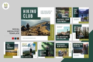 徒步俱乐部主题社交媒体设计素材包 Hiking Club Social Media Kit PSD & AI