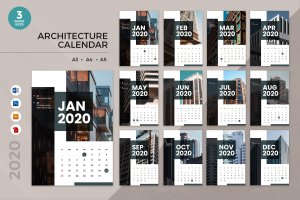 建筑行业主题2020年日历表设计模板 Architecture 2020 Calendar – AI, DOC, PSD