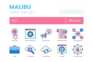 Malibu系列-110枚搜索引擎优化SEO主题图标素材 110 SEO Icons – Malibu Series
