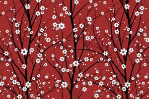 鲜花盛开的樱桃树手绘图案无缝纹理背景素材 Cherry Tree – Seamless Pattern
