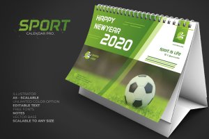 2020年体育运动主题活页翻页台历表设计模板 2020 Sport Calendar Pro