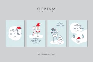 圣诞老人卡通手绘圣诞节贺卡矢量设计模板集v2 Christmas Greeting Card Vector Set