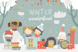 冬季儿童手绘圣诞节主题矢量插画素材 Cartoon different children enjoying winter. Hello