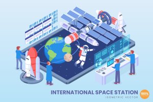 国际空间站等距矢量概念插画素材 Isometric International Space Station Vector