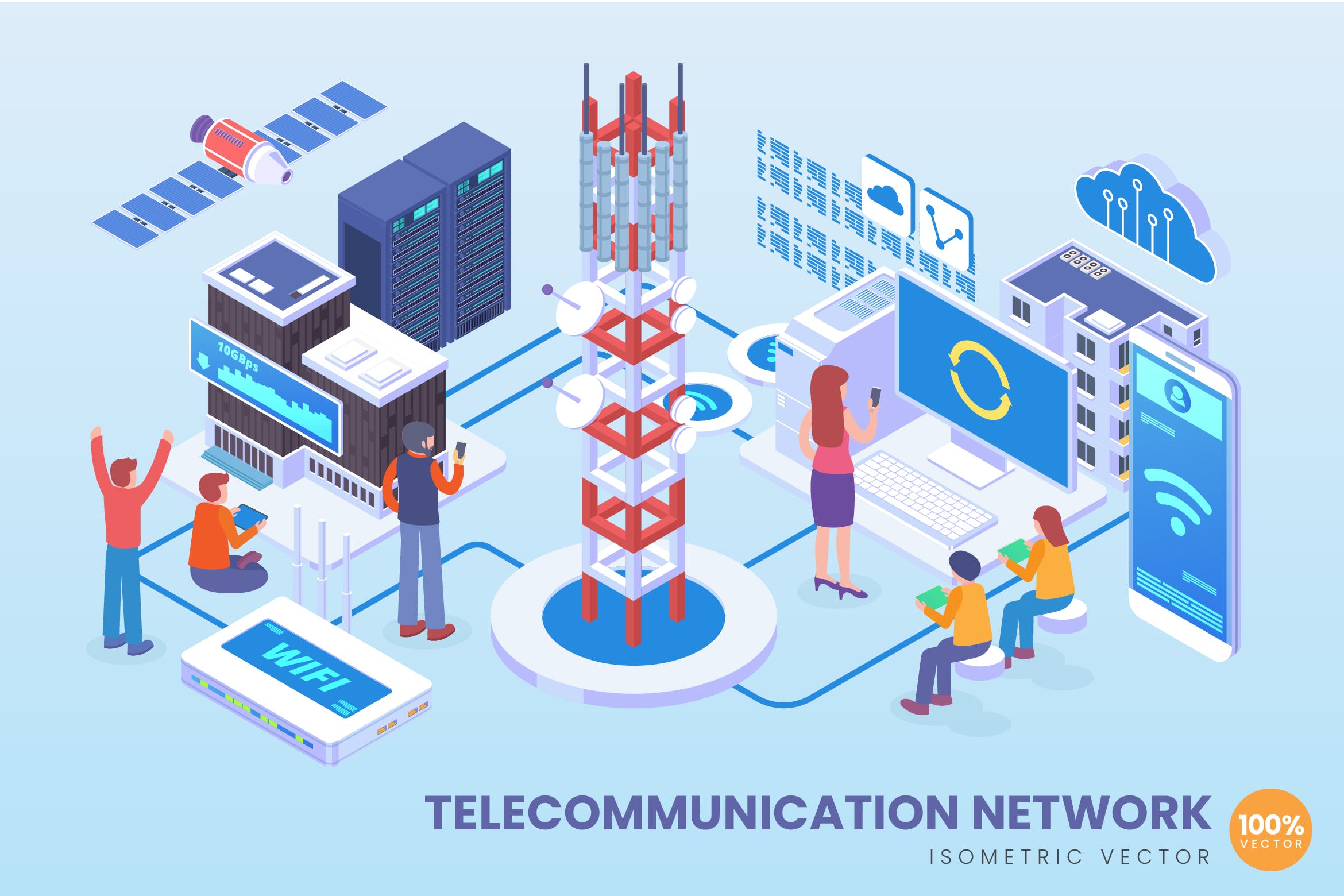 电信网络技术等距矢量科技概念插画v2isometrictelecommunication