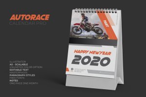 汽车竞赛主题2020年活页台历设计模板 2020 Auto Race Calendar Pro