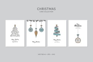 圣诞装饰元素手绘图案圣诞节贺卡矢量设计模板集 Christmas Greeting Card Vector Set