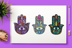 曼陀罗涂鸦着色民族文化装饰图案剪贴画素材 Bright Hamsa Hands Cliparts Set