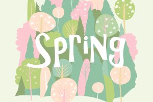 春季森林背景矢量手绘图案素材 Vector cartoon spring blossom forest. Hello spring