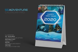 2020年潜水主题翻页台历设计模板 2020 Sea Activities Calendar Pro