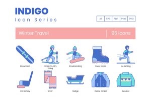 95枚靛蓝配色冬季旅行主题矢量图标合集 95 Winter Travel Icons | Indigo Series