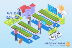 有机农场技术等距矢量概念插画 Isometric Organic Farm Technology Vector Concept