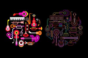 霓虹设计风格音乐乐器主题圆形矢量插画 Musical Instruments Neon round shape vector design