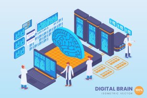 数字大脑AI技术等距矢量概念插画素材 Isometric Digital Brain Technology Vector Concept