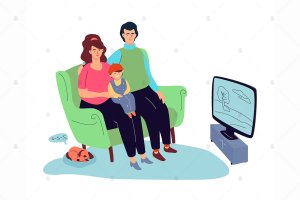 家庭看电视场景扁平设计风格矢量插画 Family watching TV flat design style illustration