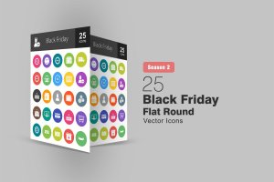 25个黑色星期五主题扁平设计风格圆角图标 25 Black Friday Flat Round Icons