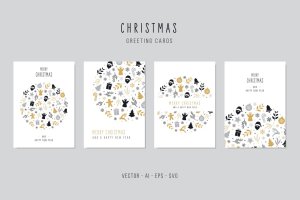 创意圣诞节元素图案组合圆形圣诞节矢量贺卡设计模板 Christmas Greeting Vector Card Set