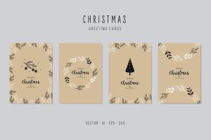 植物手绘图案圣诞节贺卡矢量设计模板集v2 Christmas Greeting Vector Card Set