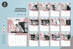 婚纱摄影主题2020年日历表定制设计模板 Wedding Calendar 2020 Calendar – AI, DOC, PSD