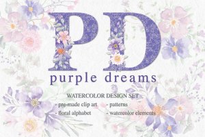 紫色梦幻水彩花卉图案设计素材包 Purple Dreams Watercolor Design Set