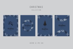 植物手绘图案圣诞节贺卡矢量设计模板集v3 Christmas Greeting Vector Card Set