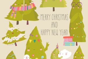圣诞树卡通手绘矢量插画素材 Set of cartoon Christmas trees. Vector illustratio