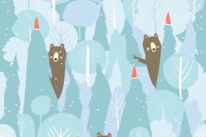 萌呆的卡通动物森林手绘无缝图案圣诞背景素材 Seamless vector winter forest pattern. Christmas b