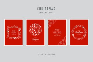 大红色背景圣诞节装饰元素圣诞节贺卡设计模板 Christmas Greeting Vector Card Set
