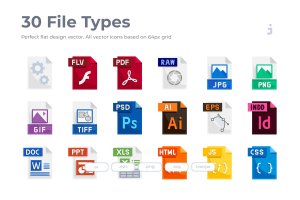 30种文件格式扁平设计风格图标 30 File Types Icons – Flat