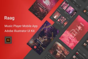 音乐听歌APP应用UI设计套件 Raag – Music Player UI Kit for Adobe Illustrator
