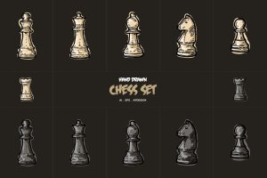 12枚手绘风格国际象棋棋子矢量素材 Hand Drawn Chess Collections