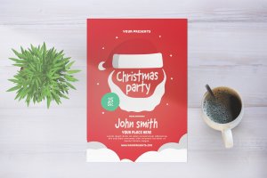 红色创意圣诞老人形象活动派对海报传单模板 Christmas Party