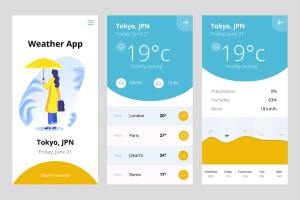 天气预报APP应用界面设计PSD＆AI模板 Mobile Apps Screen For Weather Apps PSD and AI