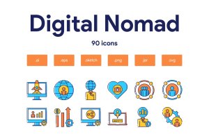 90枚数字游民主题填色线性图标 Digital Nomad Icon Set