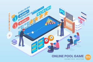 在线桌球游戏主题2.5D矢量等距概念插画 Isometric Online Pool Game Vector Concept