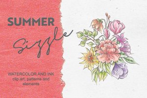 夏日鲜艳色彩水彩花卉设计PNG素材包 Summer Sizzle: Watercolor and Ink Collection