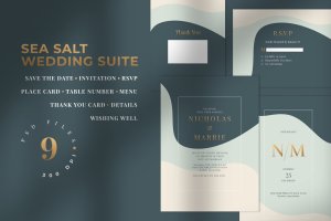 三色背景婚礼邀请设计素材包 SEA SALT – Wedding Invitation Suite