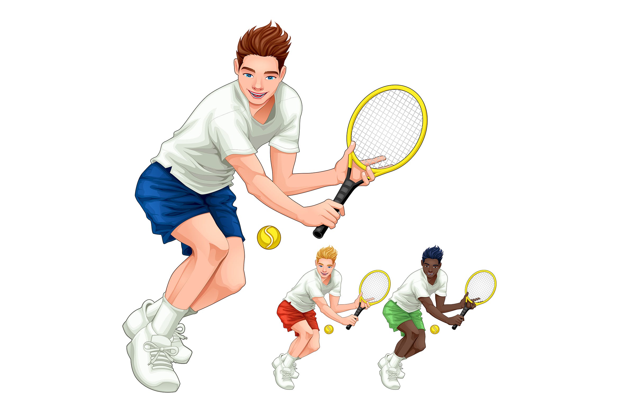 三个网球男孩卡通矢量插画素材threetennisplayers